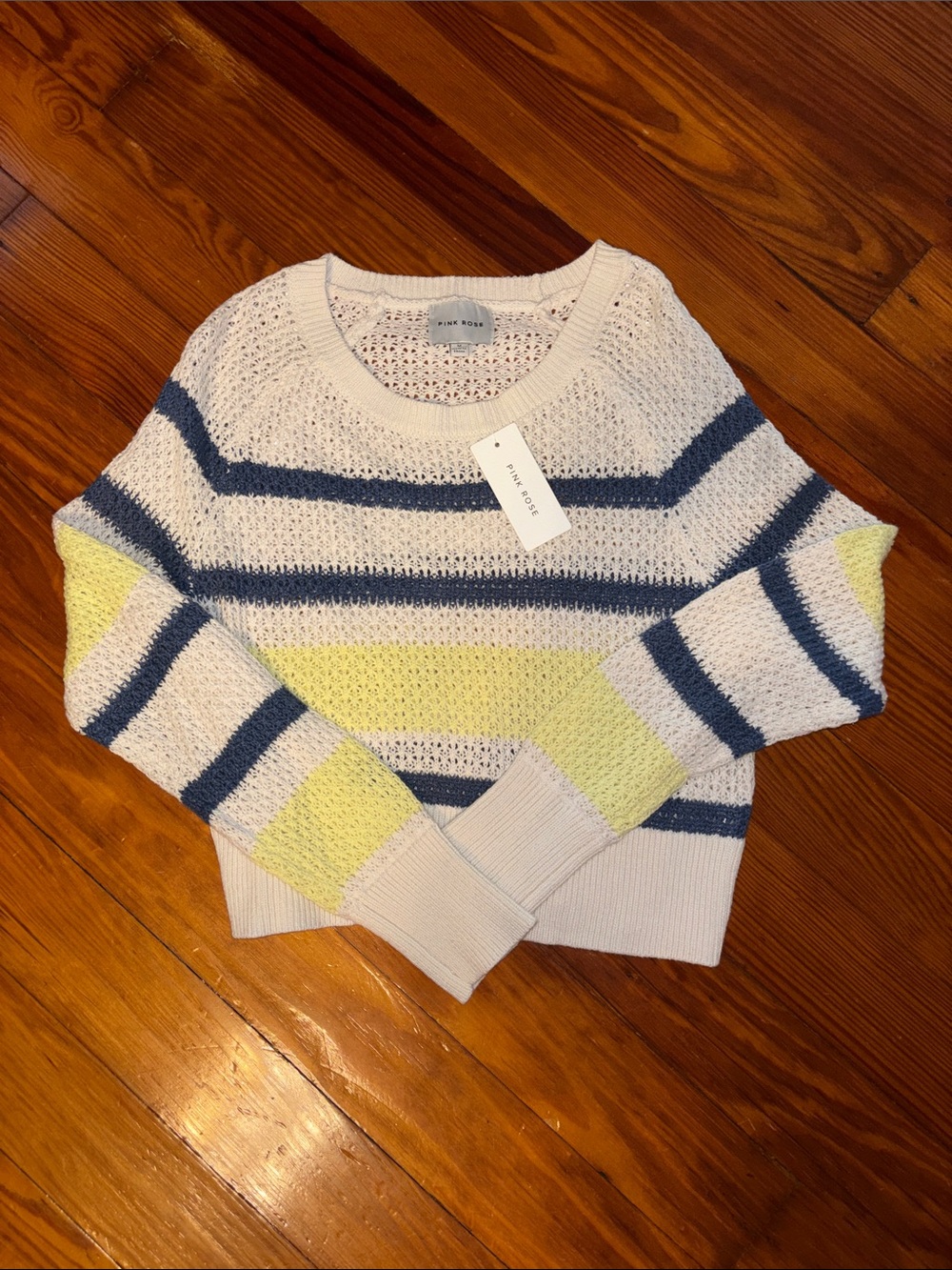 Ivory, Navy, & Yellow Striped Open-Knit Sweater
